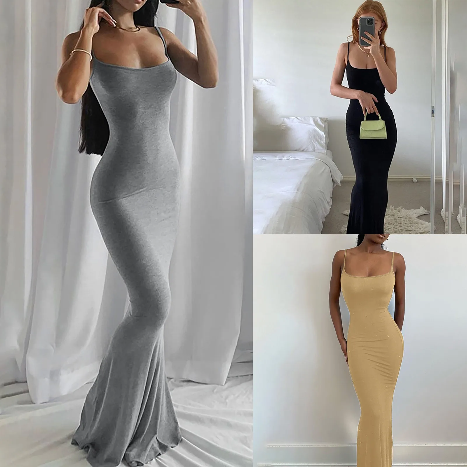 

2023 Women's Fashion Solid Color Versatile Sleeveless Backless Dress Sexy Slim Fit Stretch Long Dress Four Seasons Ladies Dress