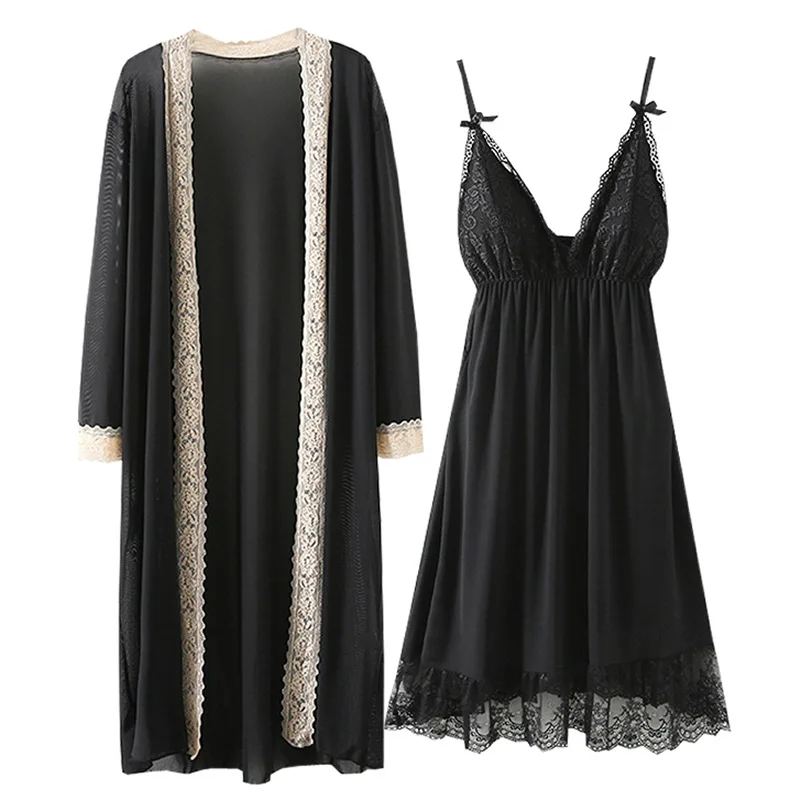 

Plus Size 3XL 4XL 2PCS Robe Set Sexy Black Patchwork Lace Nightgown Sleepwear Spring Summer Kimono Bathrobe Gown Satin Home Wear