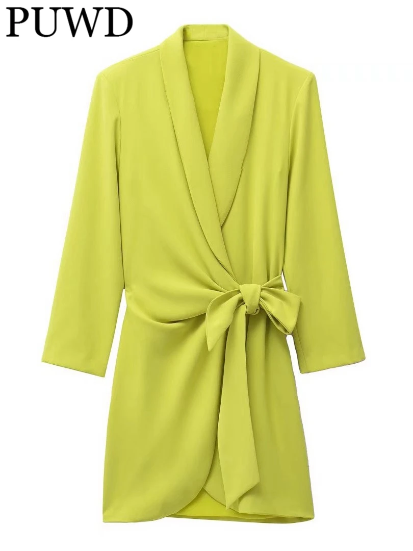 

PUWD Women Solid Color V Neck Long Sleeve Dress 2022 Spring Fashion Ladies Office Lady Casual Dress Female Wrap Mini Dress