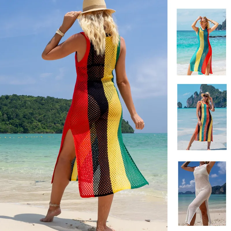 Женское пляжное платье с разрезом вязаное крючком платье-миди белого и зеленого