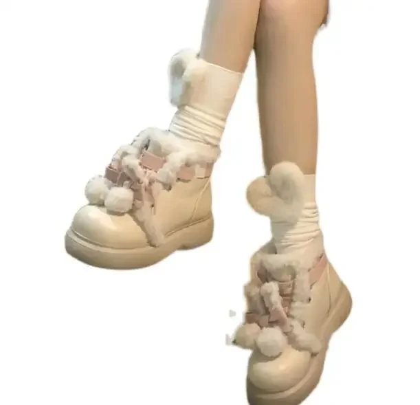 Милые бежевые утепленные ботильоны для девочек на меху с перекрестной завязкой