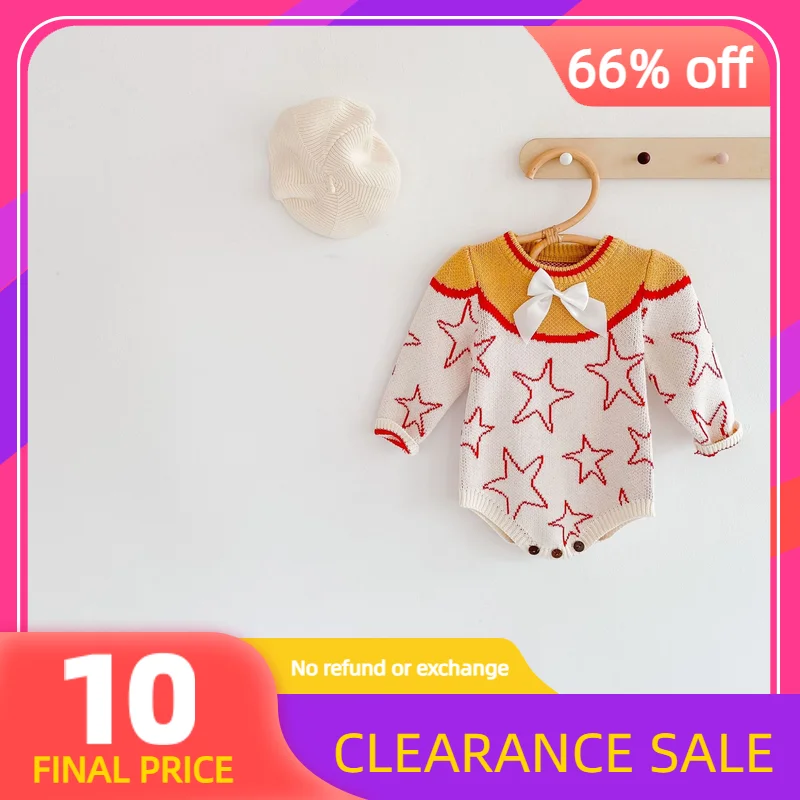 

Baby kids rompers clothes girls' baby star jacquard long-sleeved sweater jumpsuit fart-covered jacket triangle climbing clothes