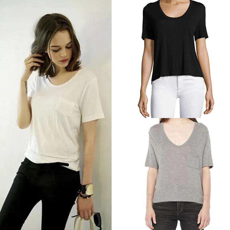 

22 High-end Brand Summer Scheming V-neck Solid Color Niche Pocket Short-sleeved Loose T-shirt Women's Tide X002