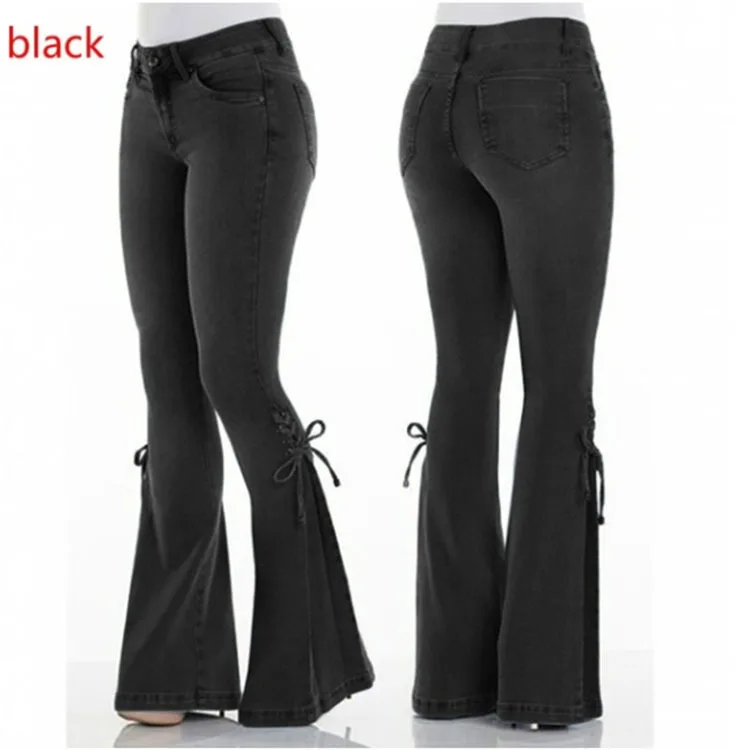 Ladies Jeans Midium Waist Retro Flared Pants Loose Casual Lace-up Denim Trousers Wide Leg Pants Women's Stretch jeans
