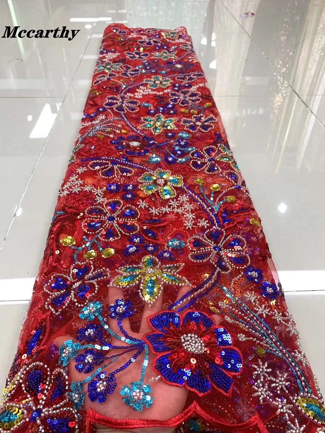 

Latest Red African Lace Fabric Luxury Sequins Beads 2022 High Quality Nigerian Dubai Style Lace Fabric French Mesh Lace Fabric