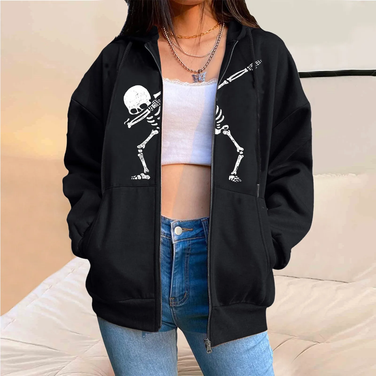 

Women Fashion Print Fleece Zip Sweatshirt Pocket Pocket Sweatshirt White Womens Hoodie Pullover Women's Sweatshirt Tunic