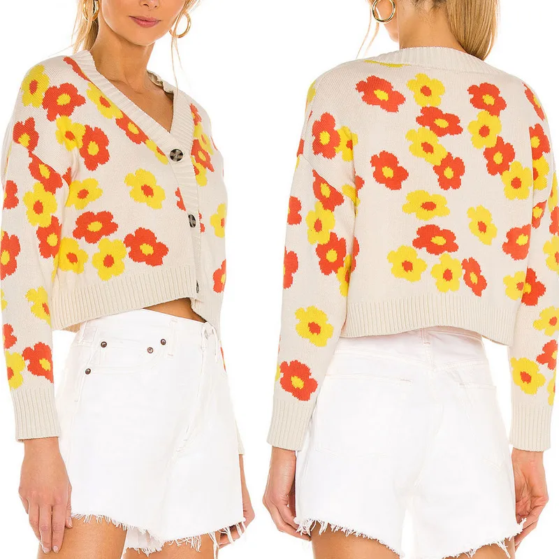 

Women's Cropped Cardigan Sweater Autumn Winter 2022 Sexy Long Sleeve Button Down Floral Print Knit Sweater Women's Clothes
