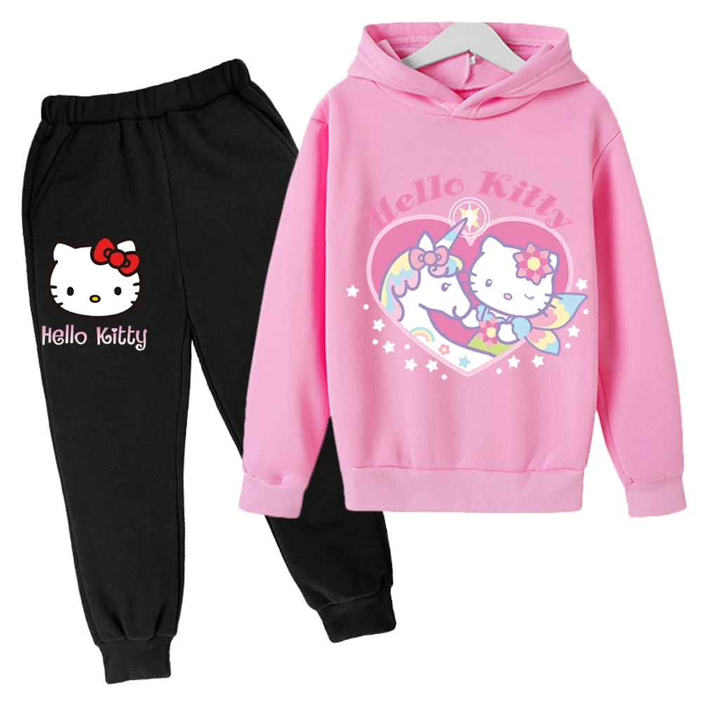 

2023 New 4-14y Hello Kitty Hoodie Kids Pants Suit Children Sweatshirts Hoodies Boys Girls Spring Sportswear Birthday Gift