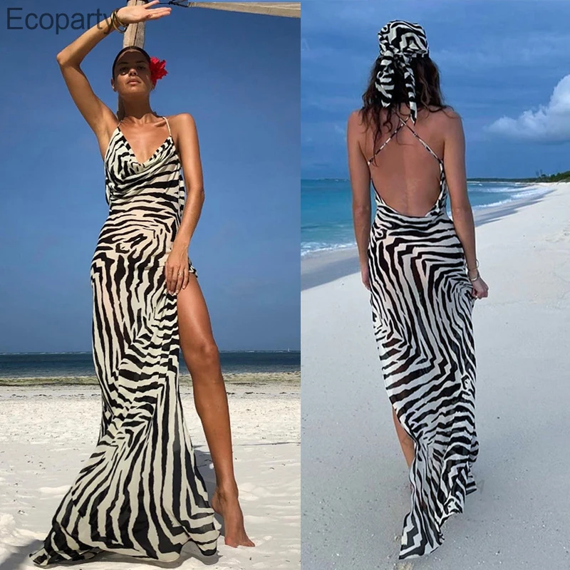 

New Sexy Summer Suspender Dress For Women 2022 Fashion Beach Side Split Zebra Pattern Backless Club Party Long Dresses Vestido