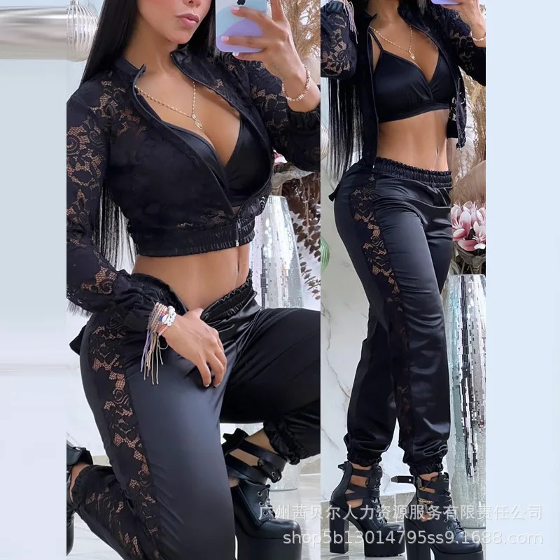 

Mandylandy Women Elegant V-Neck Crop Top & Shirred Crochet Lace Pants Two Piece Set With Coat Outfits Tracksuit Streetwear