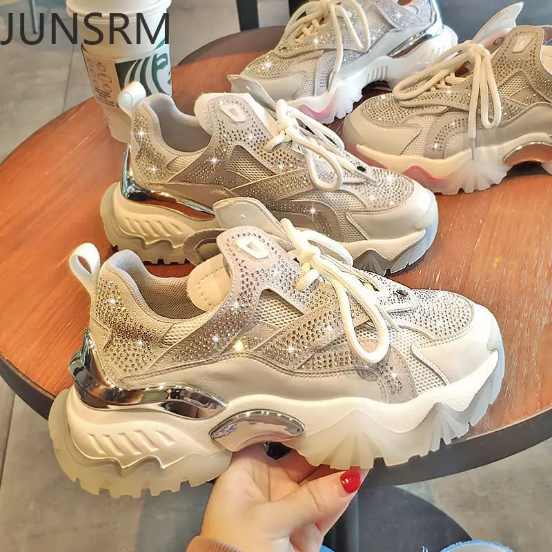 

2022 Women's Shoes Comfortable Breathable Mesh Rhinestone Casual Shoes Spring Women's Lace-up Non-slip Wear-resistant Sneakers