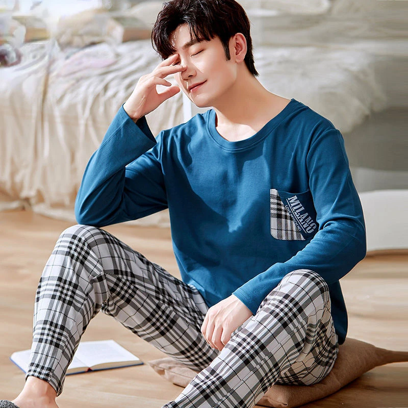 Spring Autumn Knitted Cotton Long Sleeved Men's Pajamas Sets Male Pajama Set Letter Pajama For Men Sleepwear Suit Homewear 3XL