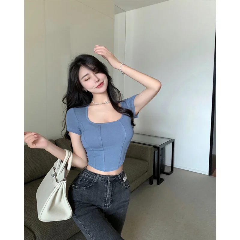

2023New Short Sleeve T-shirts Women Solid Square CollarSexy Fashion Simple Slim Leisure Streetwear Versatile Korean Cozy Blouse
