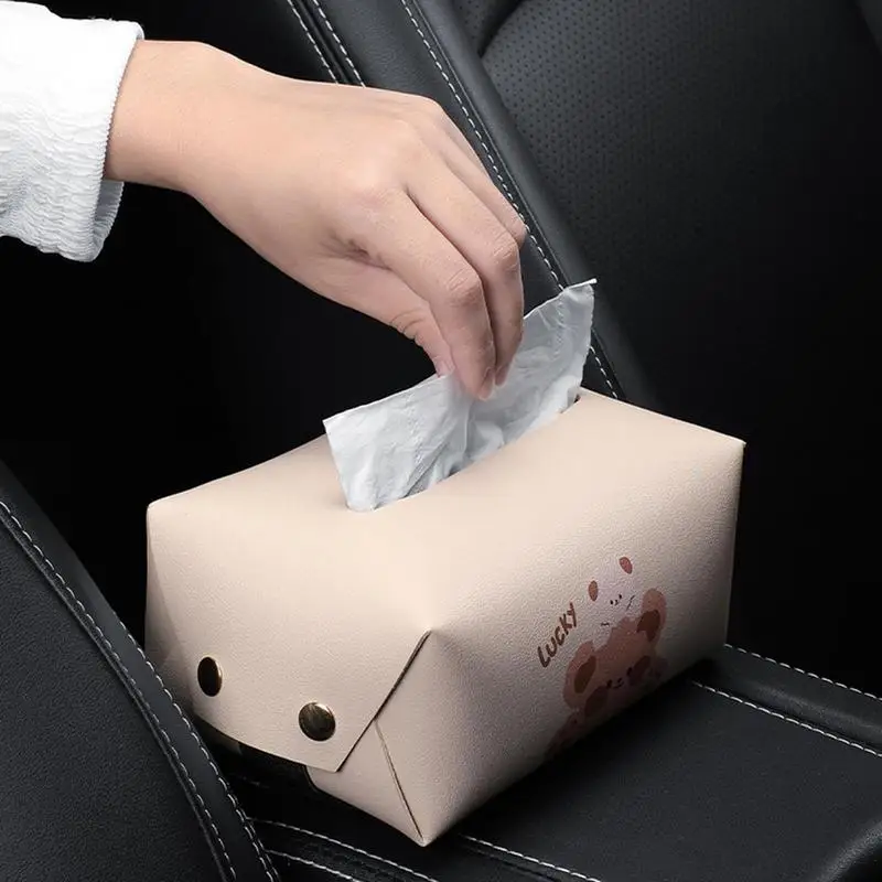 

Car Tissue Holder PU Leather Auto Tissue Box With Spring Support Automobile Cartoon Armrest Box Napkin Dispenser Backseat Tissue