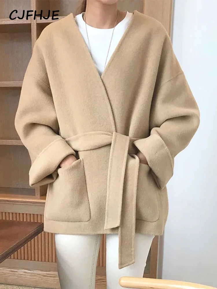 Куртка CJFHJE цвета хаки с V-образным вырезом женское Новое модное осеннее