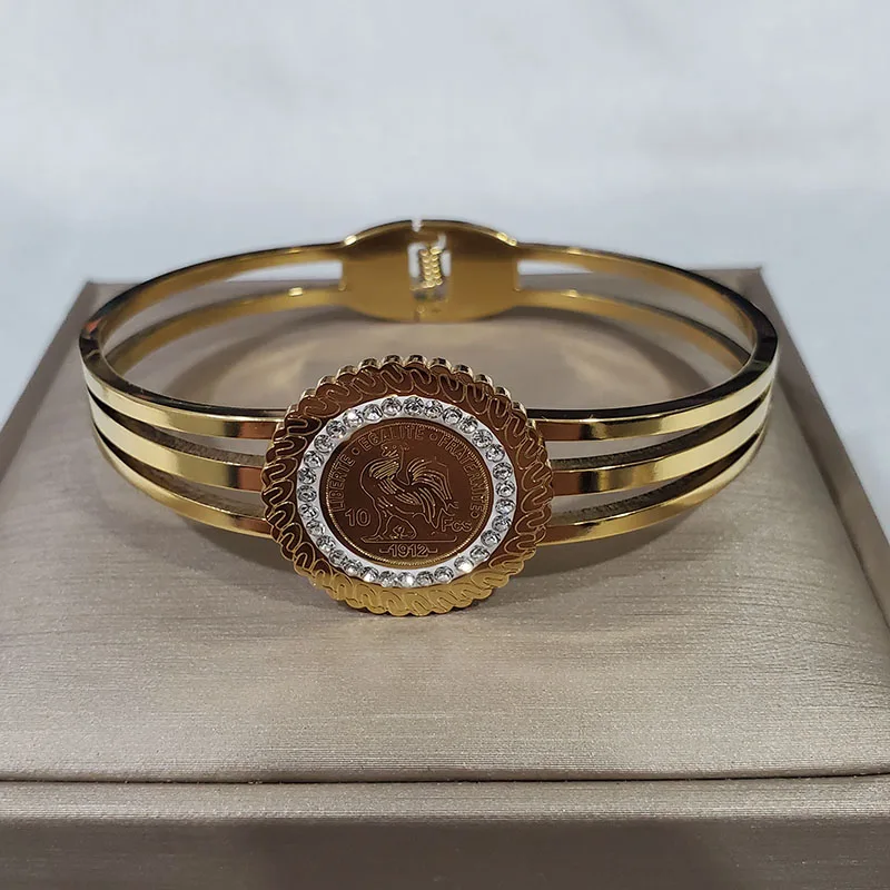 Нержавеющая сталь 316L золотой узор петуха толстая цепочка браслет с кристаллами и