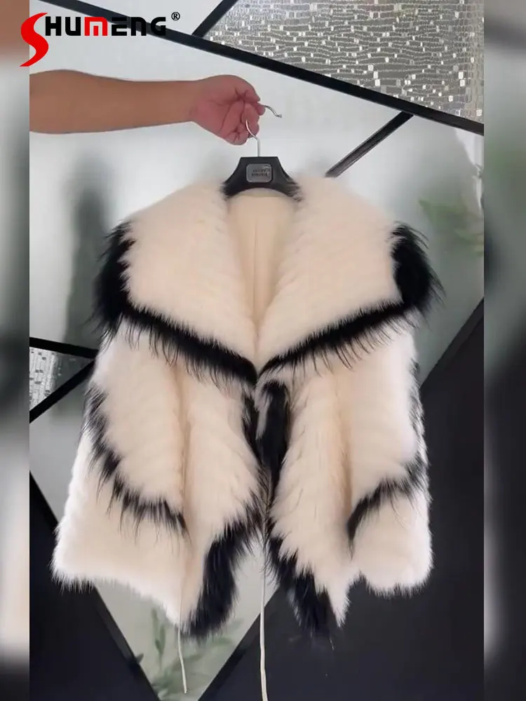 2022 New Beautiful Winter Clothes Woman Popular White Faux Fur Coats High-End Color Contrast Long Sleeve Furry Jacket for Women