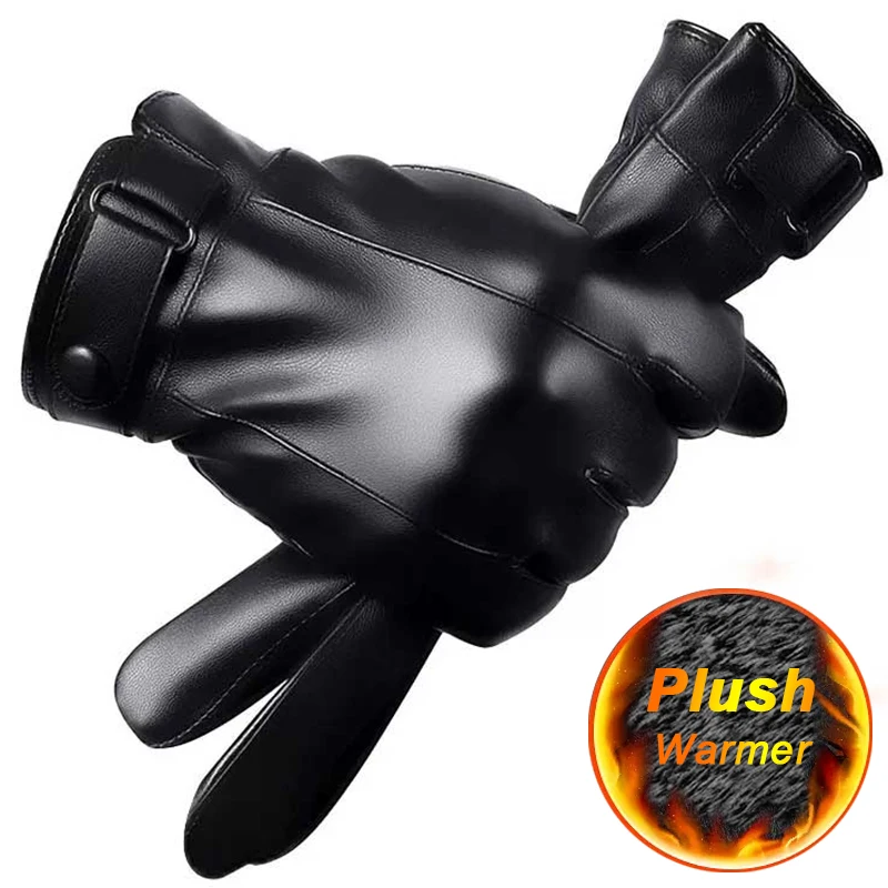 

Winter Cycling PU Gloves Men Black Mittens Plush Warm Touchscreen Windproof Guantes Male Autumn Leather Business Hand Glove