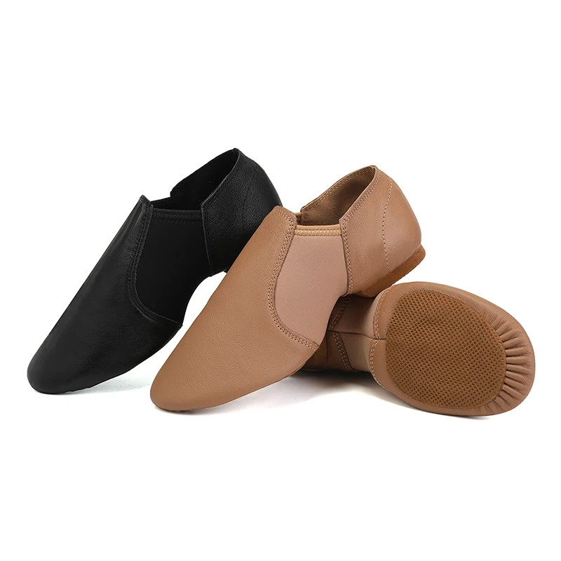 RUYBOZRY Genuine Leather Jazz Dance Shoes Tan Black Antiskid Sole Jazz Shoes Toddler Girls Woman Gymnastics Unisex Slip On Jazz