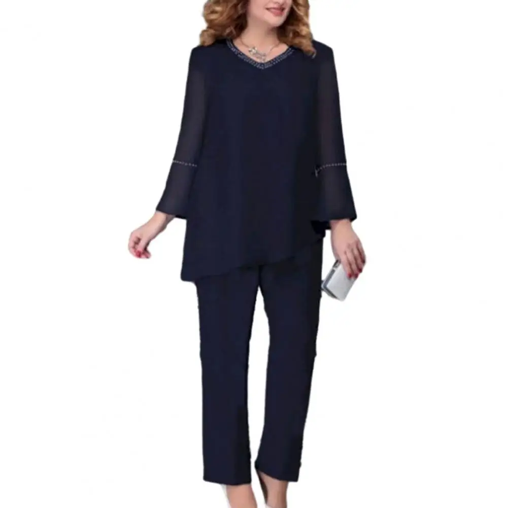 

Women Business Work Suit Plus Size Formal Set Stylish Women's Fall Spring V Neck Top Pants Set Irregular Hem Loose Fit for Lady