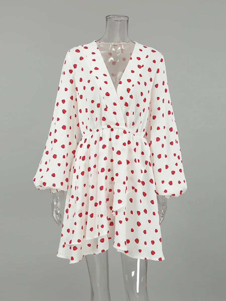 Bornladies 100% хлопок пышное платье с длинными рукавами клубничный принт v-образным