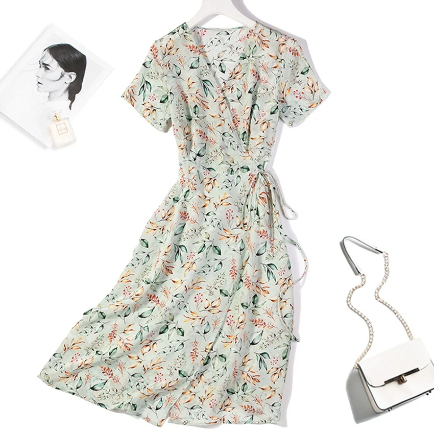 Женское платье из 100% чистого шелка с V-образным вырезом, фиолетовое платье с запахом и цветочным принтом, платье-миди с рукавом-крылышком и п...