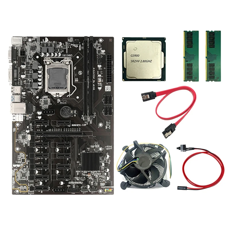 

B250B BTC Mining Motherboard With G3900 CPU+2X8G DDR4 RAM+Cooling Fan+Switch Cable 12 PCI-E Slots LGA1151 SATA3.0 USB3.0