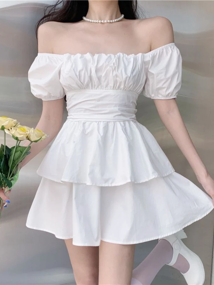 

Элегантное Белое Мини-Платье HOUZHOU, женские милые оборки, пышные рукава, квадратный воротник, тонкие черные платья, летняя бандажная корейская мода