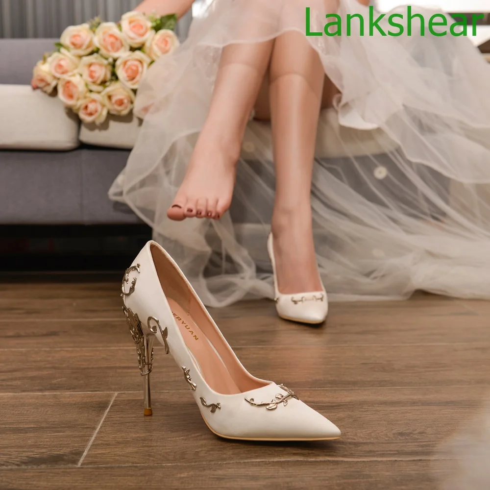 

Metal Leaves Wedding Pumps Gold Thin High Heels Pointed Toe Slip On Shallow Shoes Newest Comfortable Fashion Elegant Women Shoes