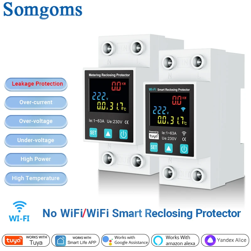 

SmartLife TUYA WIFI 2P/63A Автоматический выключатель Утечка на землю Защита от пониженного напряжения Реле-переключатель Энергия счетчик кВтч