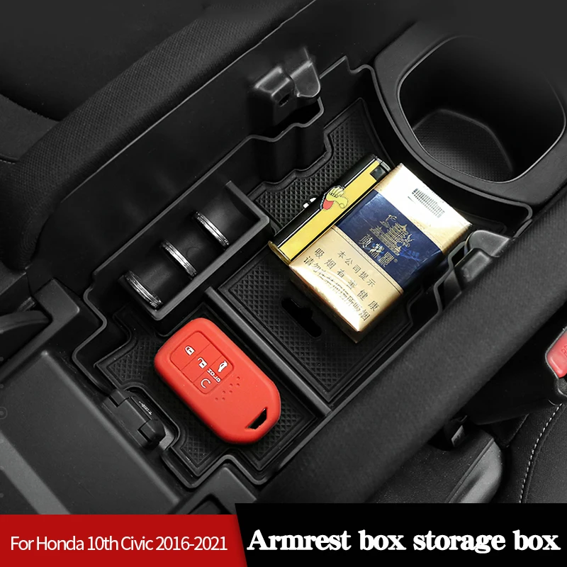 For Honda 10th Civic 2016 2017 2018 -2021 Car Armrest Storage Box Tray Non-slip Mat/ABS Organizer Center Console Containers