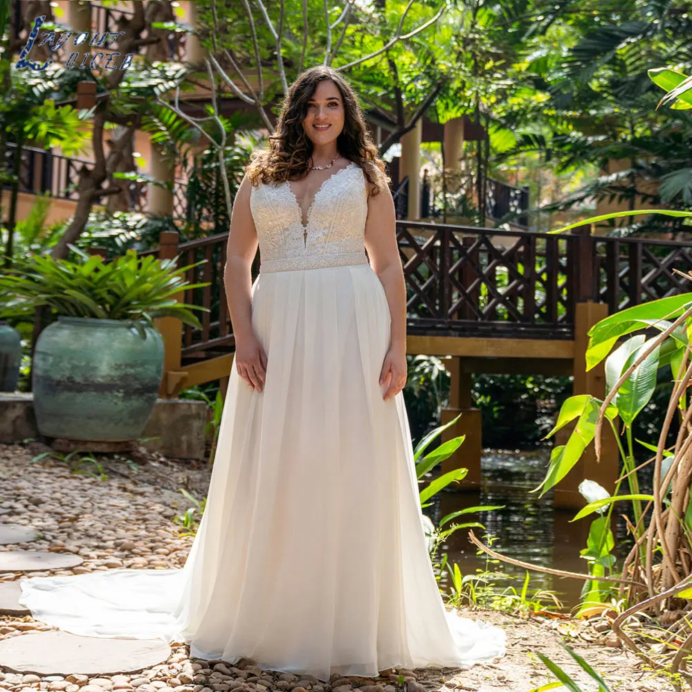 

LAYOUT NICEB Simple V-Neck Sleeveless Bride Gowns Classic Chiffon Backless Wedding Dress Lace Appliques A-Line Vestidos De Noiva