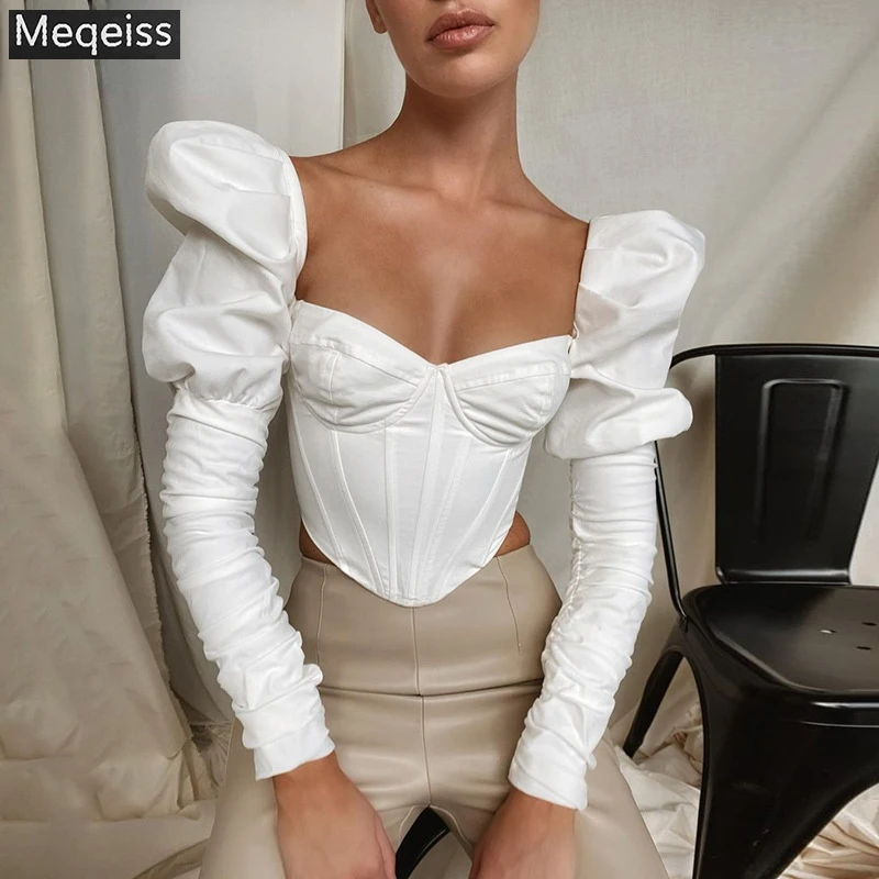 

Meqeiss Elegant Romantic Irregular Croped Corset Top Women Stylish Puff Sleeve Vacation Crop Top Skinny Casual Streetwear Female