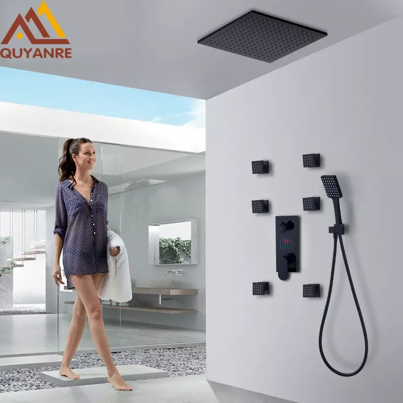 

Black Digital Shower Faucets Set Rainfall Shower 6pcs Massage Spa Jets 3-way Digital Display Mixer Tap Bathroom Shower