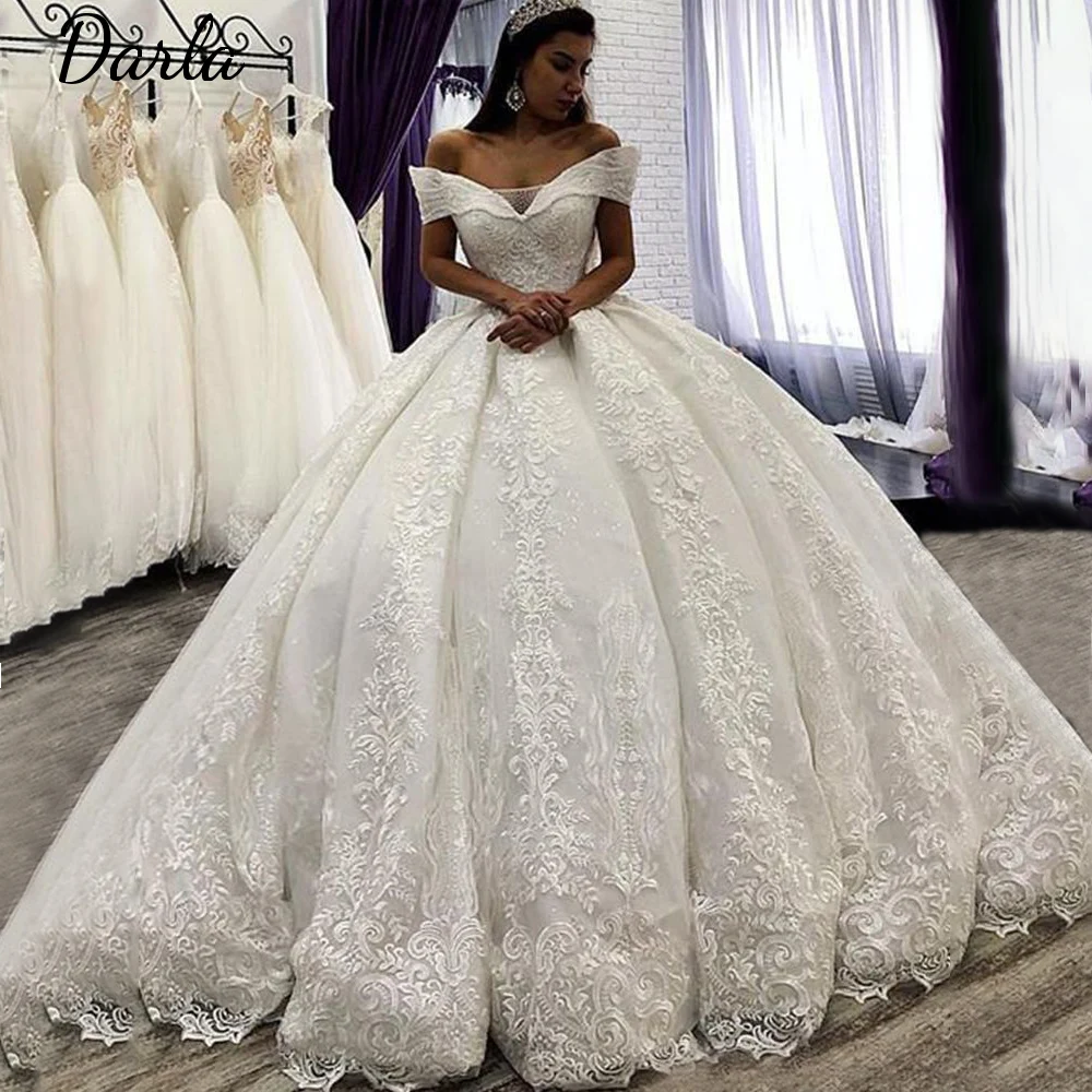 

2023 Luxury Lace Ball Gown Wedding Dress Off The Shoulder Shiny Crystals Robe De Mariée Long Train Bride White Vestidos De Novia