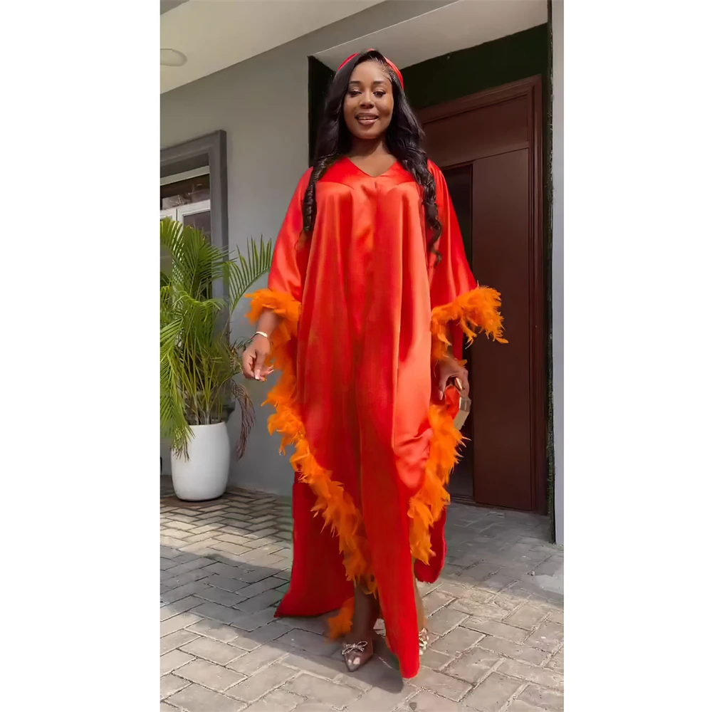 Африканские вечерние платья для моды атласная Абая с перьями женское