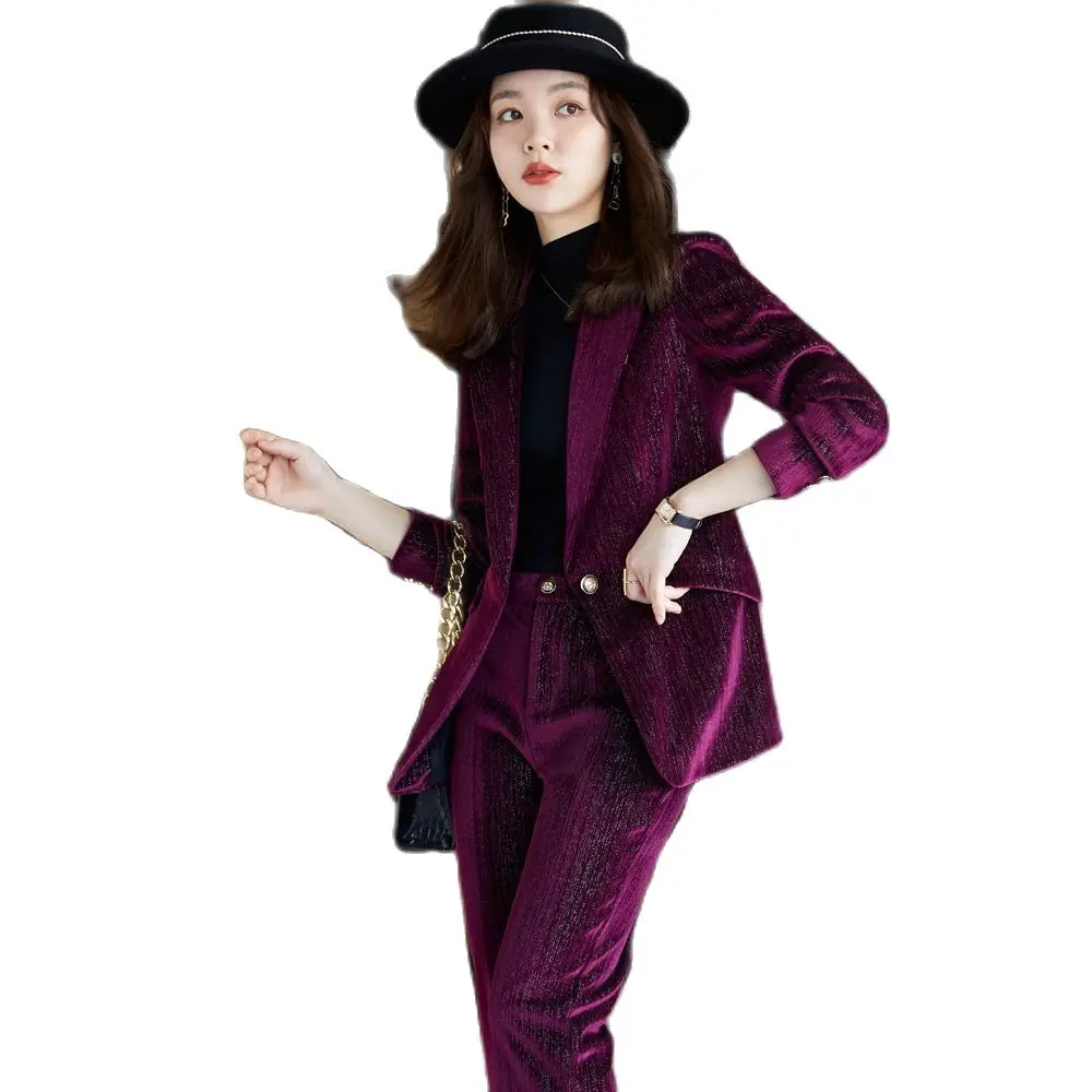 Jacket and trousers suit 2 piece women's coat and trousers women's purple blue black velvet autumn winter office suit