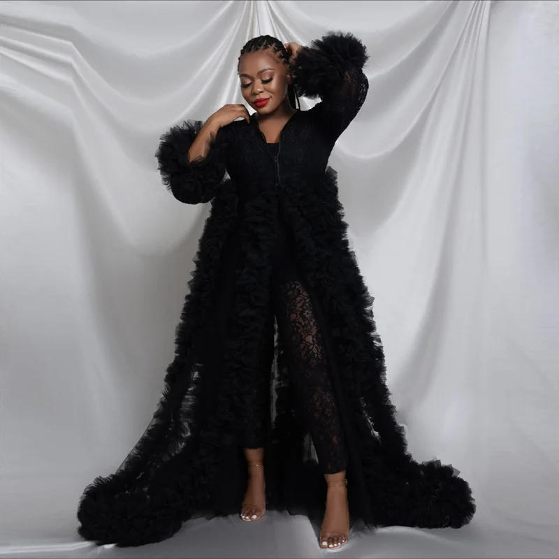 Sexy Black Ruffles Pleated Long Women Robes Long Sleeve Tulle Dress Robe Front Open Ruffled Tulle Maternity Dresses Plus Size