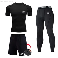summer sports tights mens running suit short sleeve gym t shirt compression leggings quick dry suit fitness training suits set