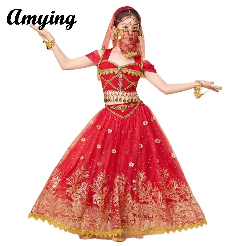 Наряд для танца живота топ с короткими рукавами + платье костюм девочек одежда