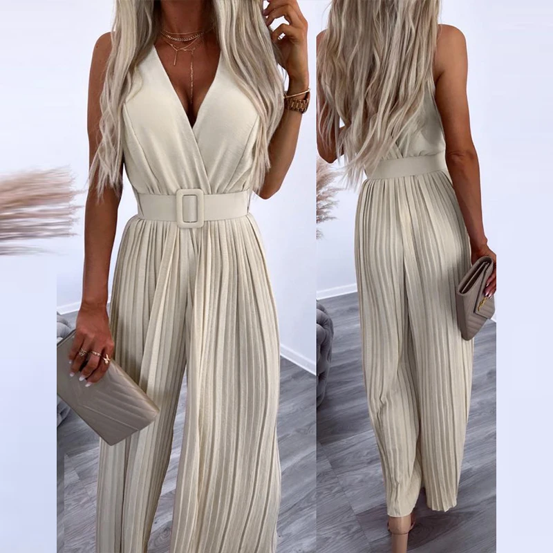

Sexy Party Club Deep V-neck Long Jumpsuits+Belt 2023 Lady Cocktail Pleated Sleeveless Bodysuit Elegant Slim Women One Piece