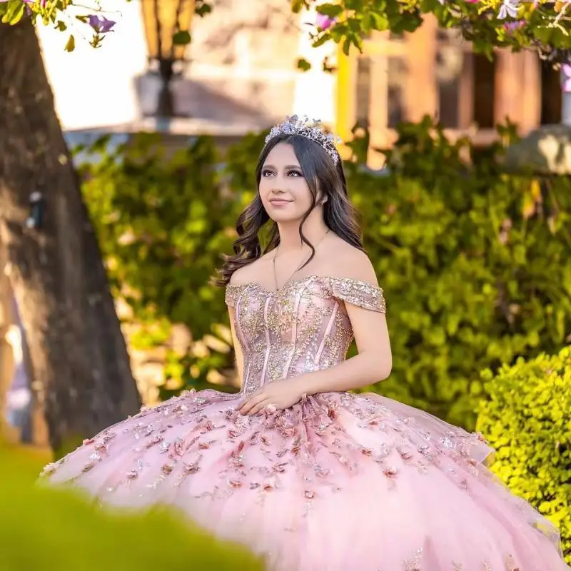 Pink Quinceanera Dresses Ball Gown Off The Shoulder Sequin Applique Lace Flower Beaded Crystal Tull Sweet 16 Dress Vestidos De