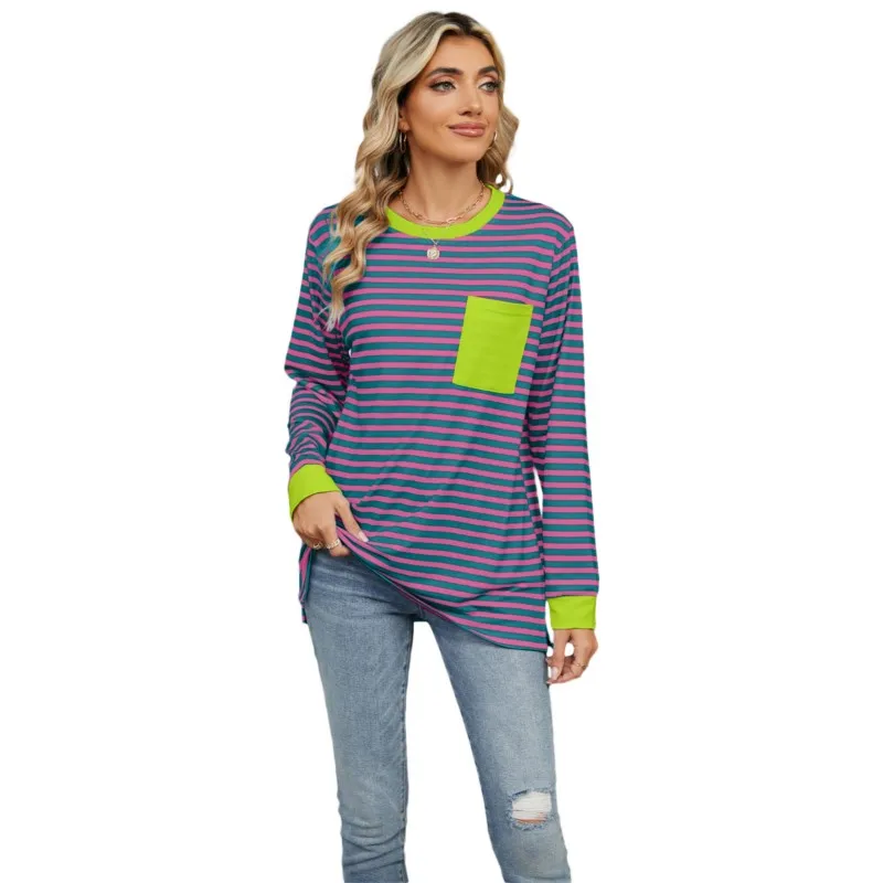 2024 T Shirts Spring New Striped Printed Vintage Casual Loose Pocket Daily Commuting Tee Long Sleeve O-neck Women's Pullover Top