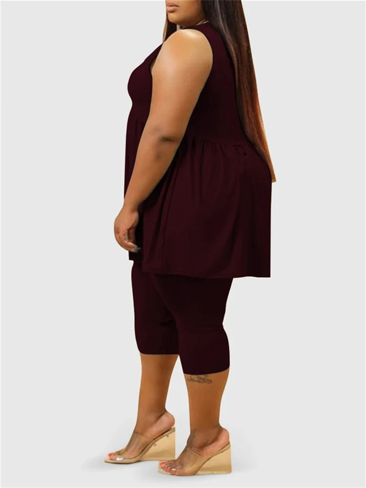Plus Size Two Piece Women's Summer Clothing Sleeveless Draped Solid Casual Cute Loose Short Sets Whole 3xl 4xl 5xl 6xl