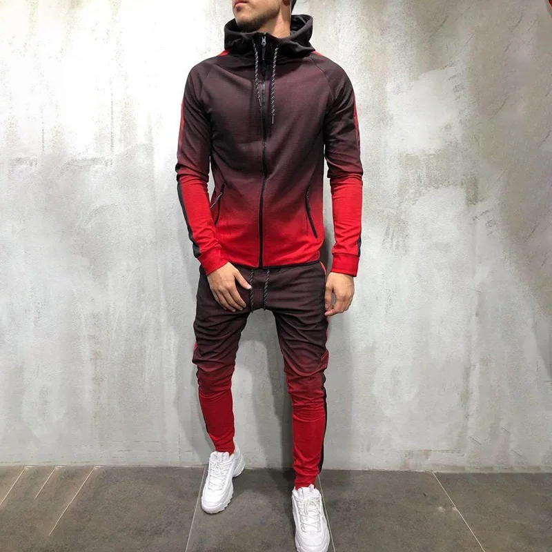 Men's Fall Winter 3D Running Suit Hoodie+pants 2 Pieces Outdoor Jogging Gym Training Sportwear Zipper Casual Gradient Sweat Suit