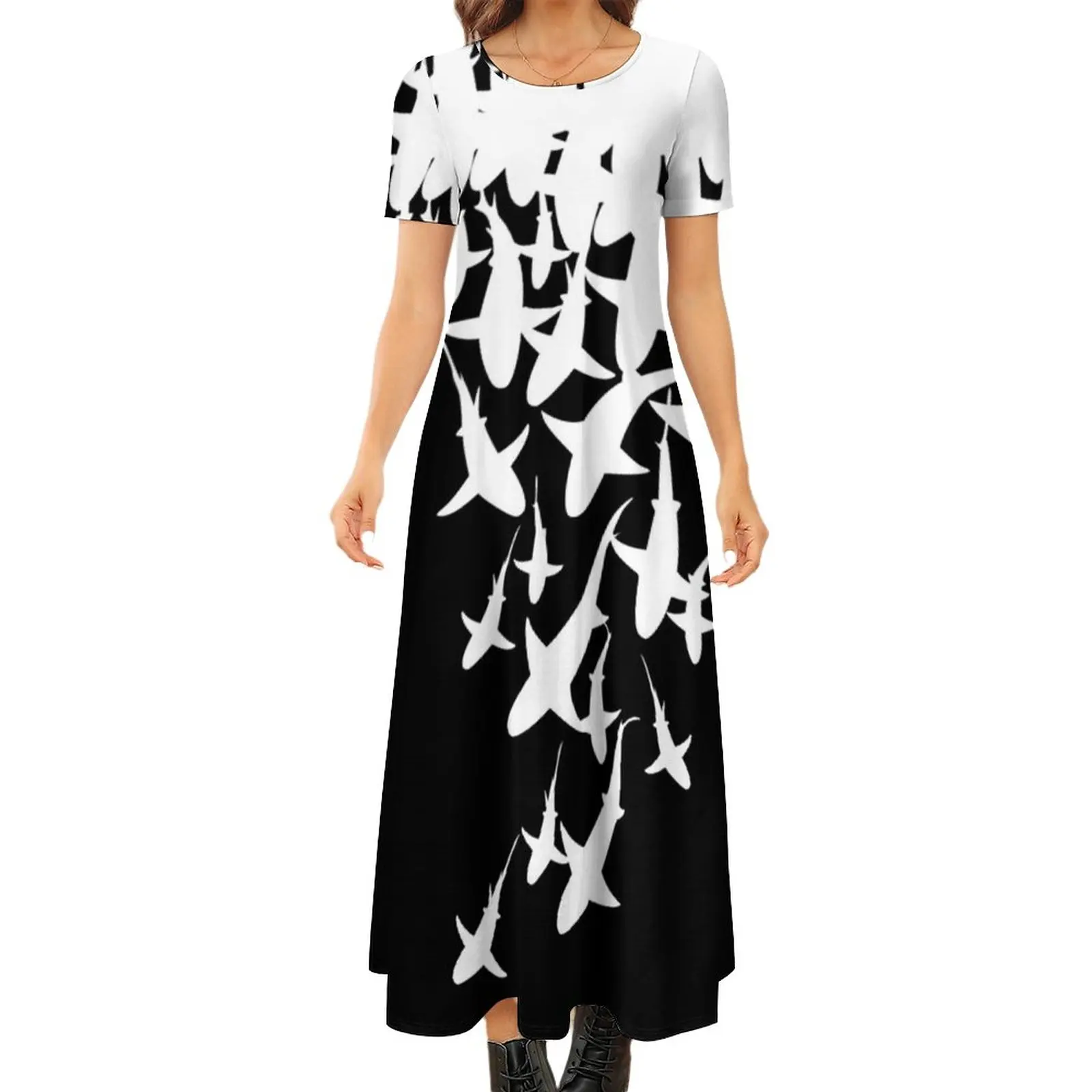 

Платье женское длинное с принтом «Акула», белый винтажный пляжный сарафан в стиле бохо, в Корейском стиле, большие размеры 7XL