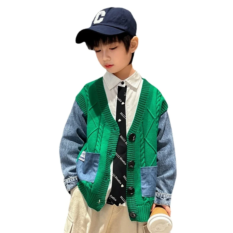 

Teengern Boys Knit Cardigan Autumn 2022 Long Sleeve Denim Patchwork Jacket Boy All-match Casual Outerwear School Kids Coat Boys