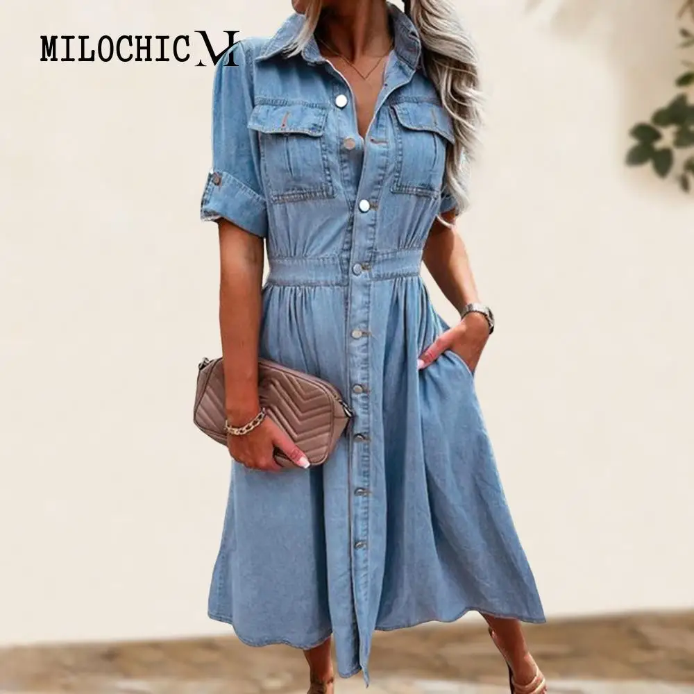 

Lapel Collar Classic Dress with Pockets Button Down Women Maxi Denim Dress Solid Color Distressed Vintage Style Streetwear Suit