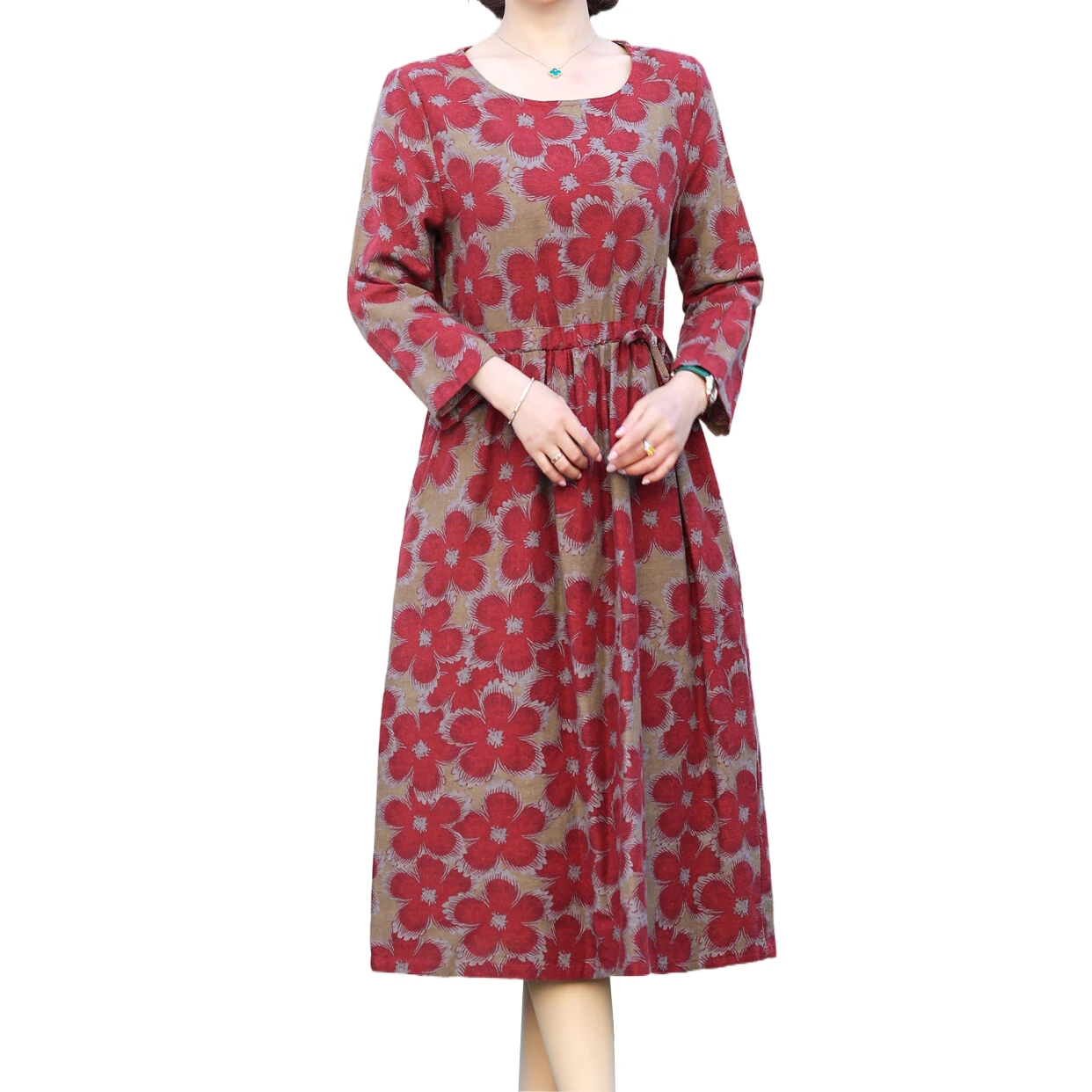 

Женское платье с длинным рукавом, Повседневное платье до середины икры из 100% хлопка синего, коричневого и красного цветов, женские топы, 2023