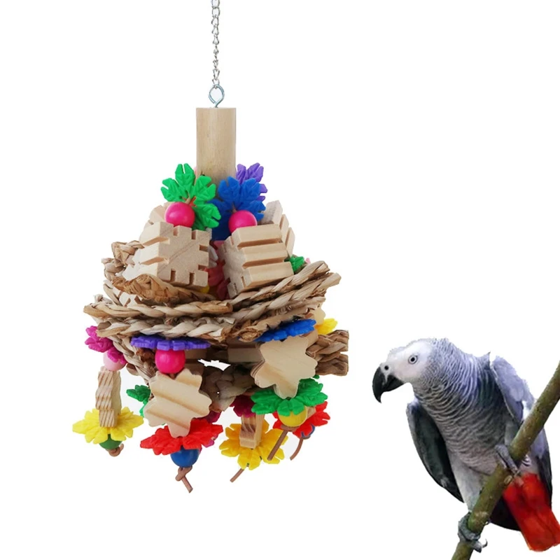 

Parrot Wooden Chewing Toy 8.7" Height Multiple Shapes Natural Wood Blocks Beads and Corn Husks with Metal Hanging Hook